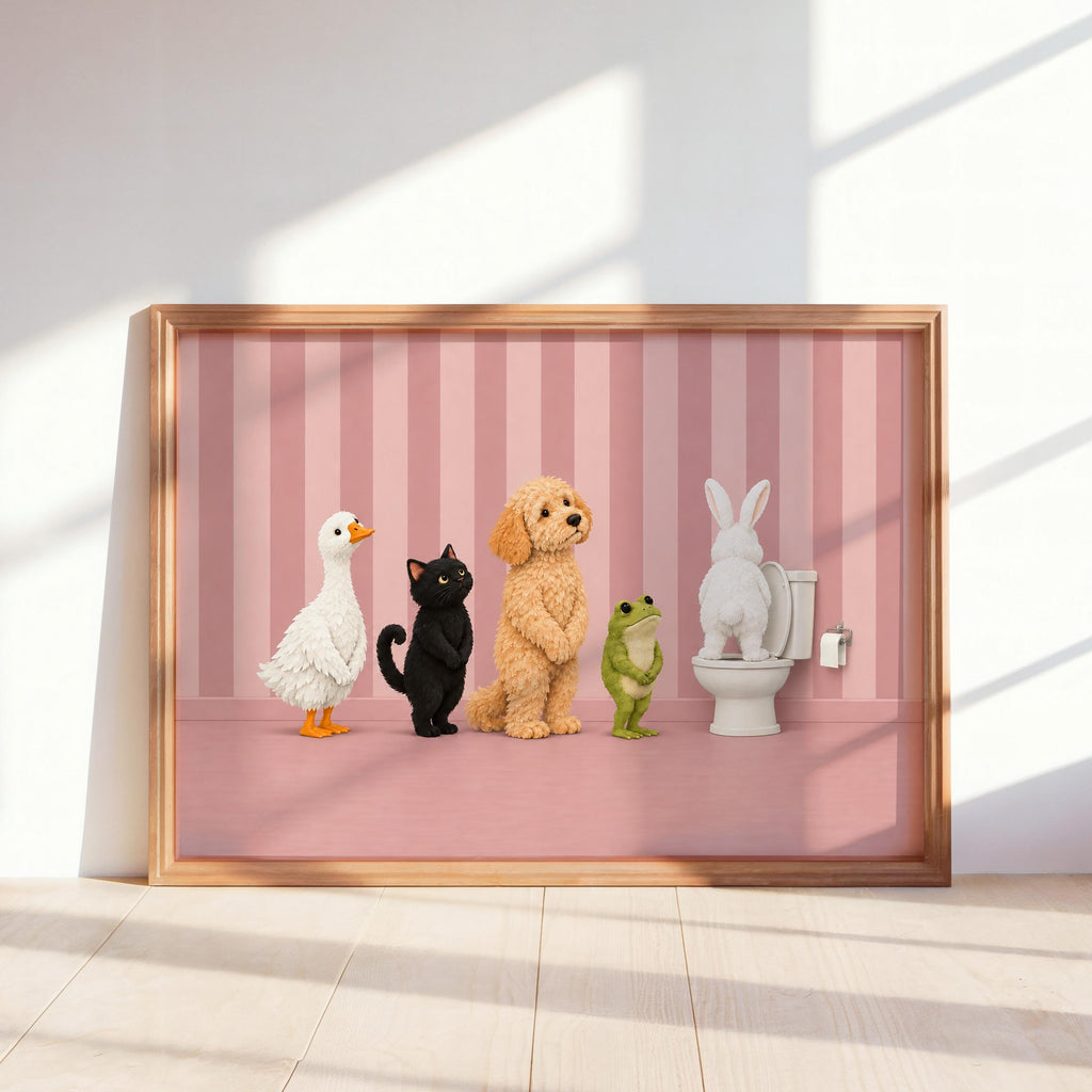 Bathroom Animal Queue Wall Art, Funny Animals Waiting for Toilet Print, Quirky Restroom Poster, Guest Bathroom Humor Decor