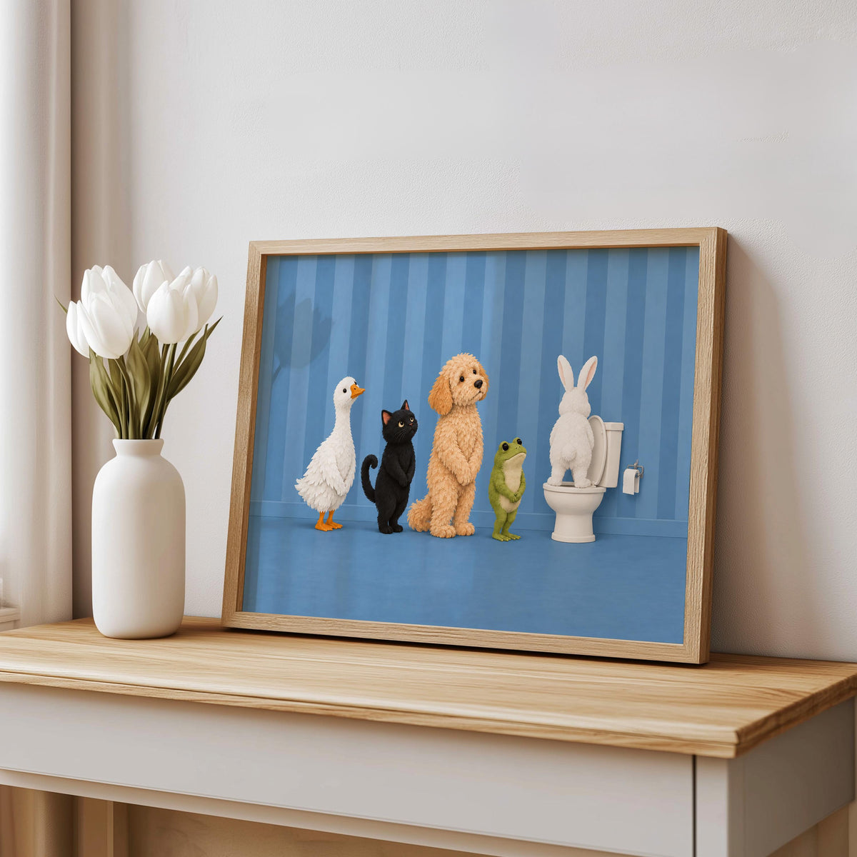 Bathroom Animal Queue Wall Art, Funny Animals Waiting for Toilet Print, Quirky Restroom Poster, Guest Bathroom Humor Decor