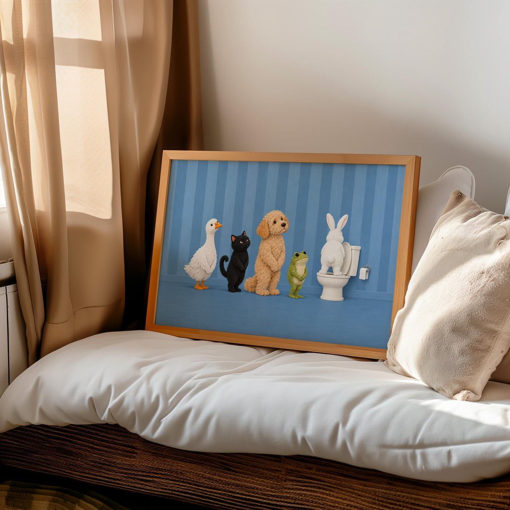 Bathroom Animal Queue Wall Art, Funny Animals Waiting for Toilet Print, Quirky Restroom Poster, Guest Bathroom Humor Decor