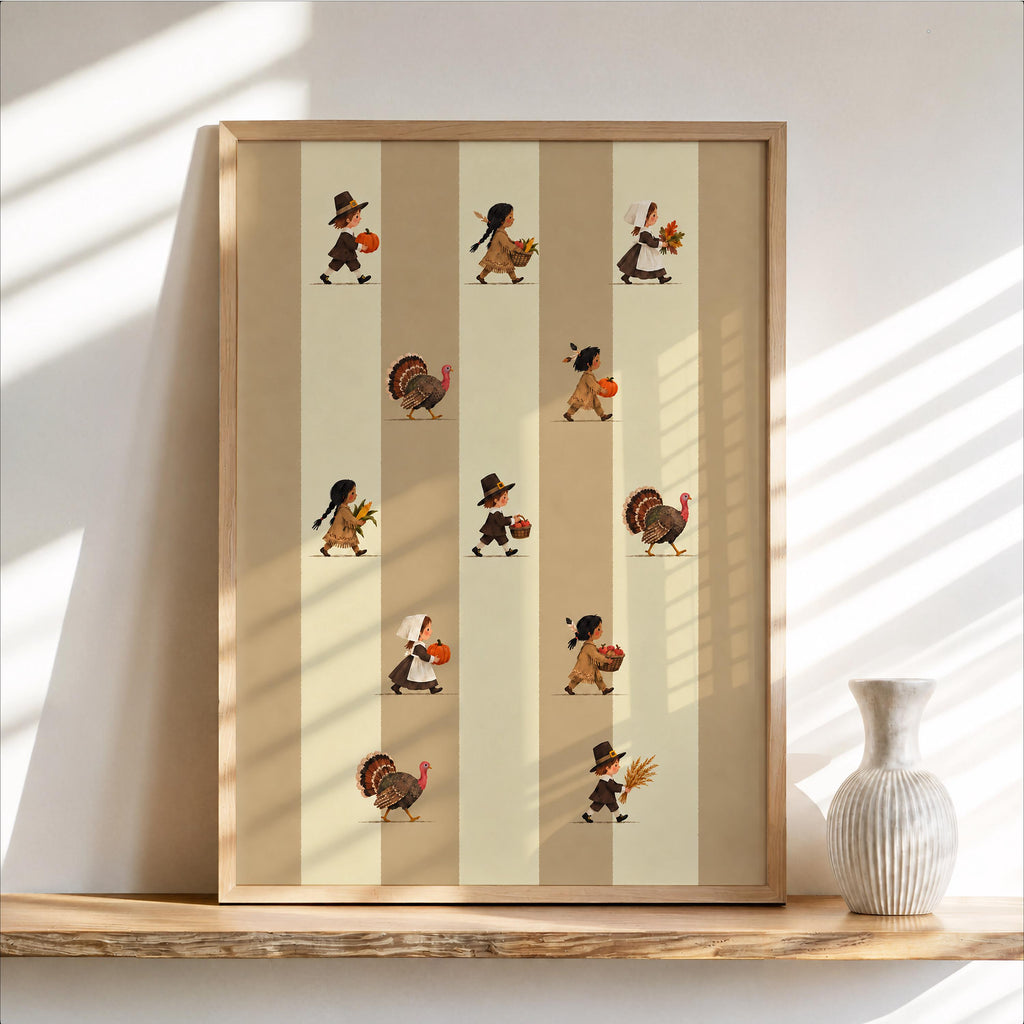 Thanksgiving Kids Wall Art, Vintage Harvest Parade Poster, Turkey Pumpkin Print, Striped Fall Decor, Autumn Family Holiday Wall Art