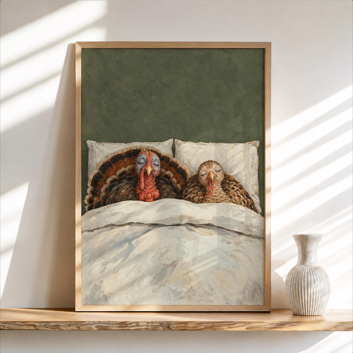 Sleeping Turkey Wall Art, Funny Thanksgiving Bedroom Print, Whimsical Farmhouse Poster, Cozy Fall Animal Decor