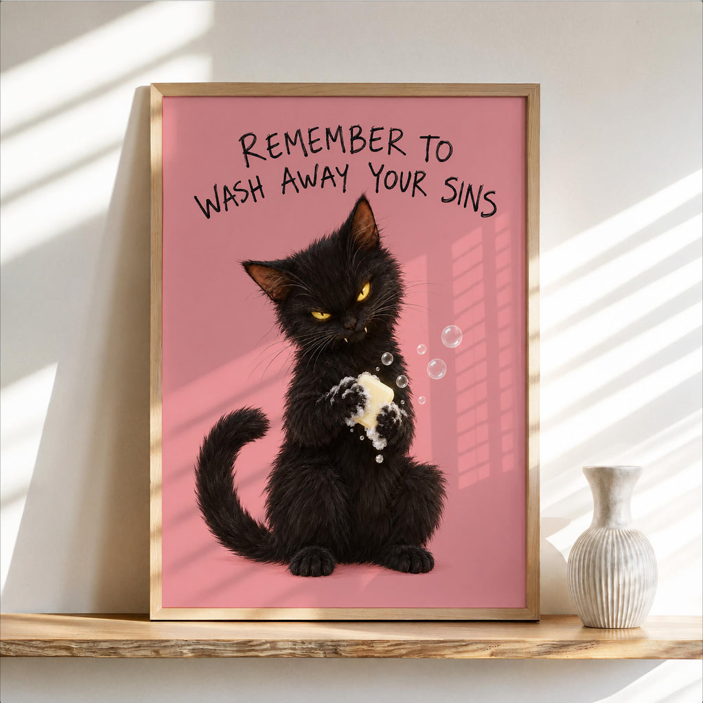 Funny Black Cat Bathroom Print, Remember to Wash Away Your Sins Wall Art, Quirky Restroom Quote Poster, Yellow Animal Loo Sign Decor