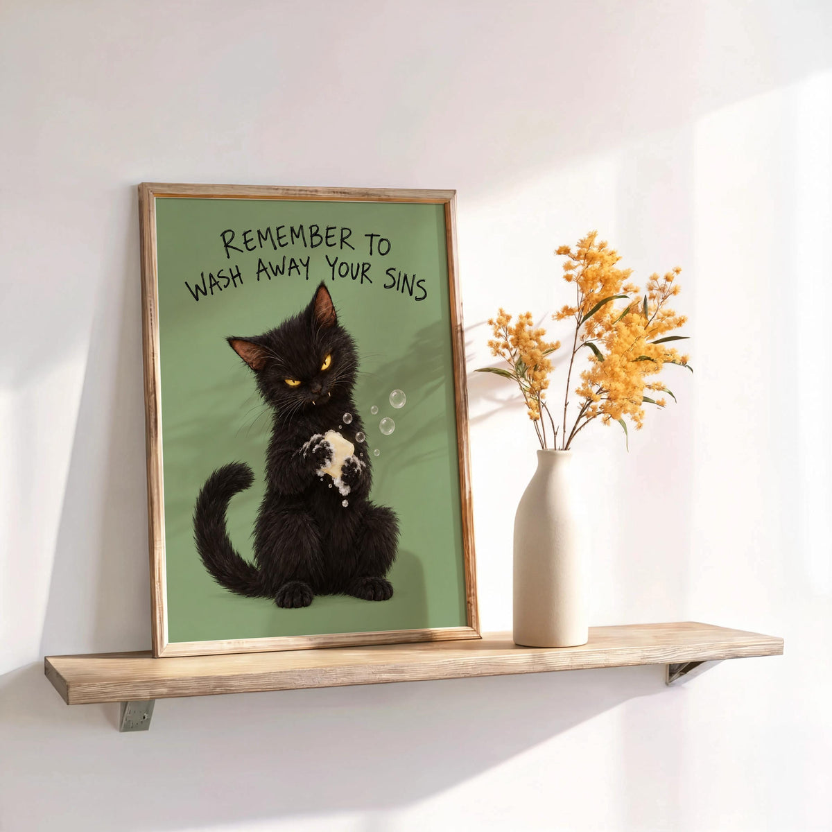 Funny Black Cat Bathroom Print, Remember to Wash Away Your Sins Wall Art, Quirky Restroom Quote Poster, Yellow Animal Loo Sign Decor