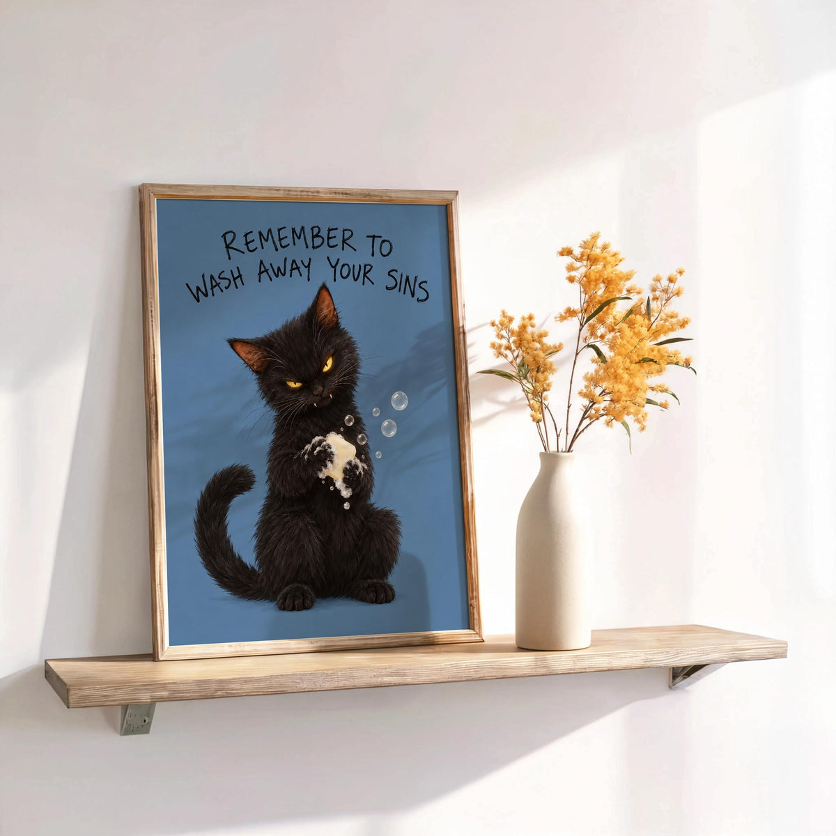 Funny Black Cat Bathroom Print, Remember to Wash Away Your Sins Wall Art, Quirky Restroom Quote Poster, Yellow Animal Loo Sign Decor