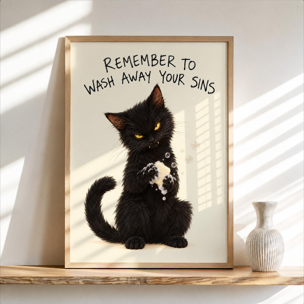 Funny Black Cat Bathroom Print, Remember to Wash Away Your Sins Wall Art, Quirky Restroom Quote Poster, Yellow Animal Loo Sign Decor