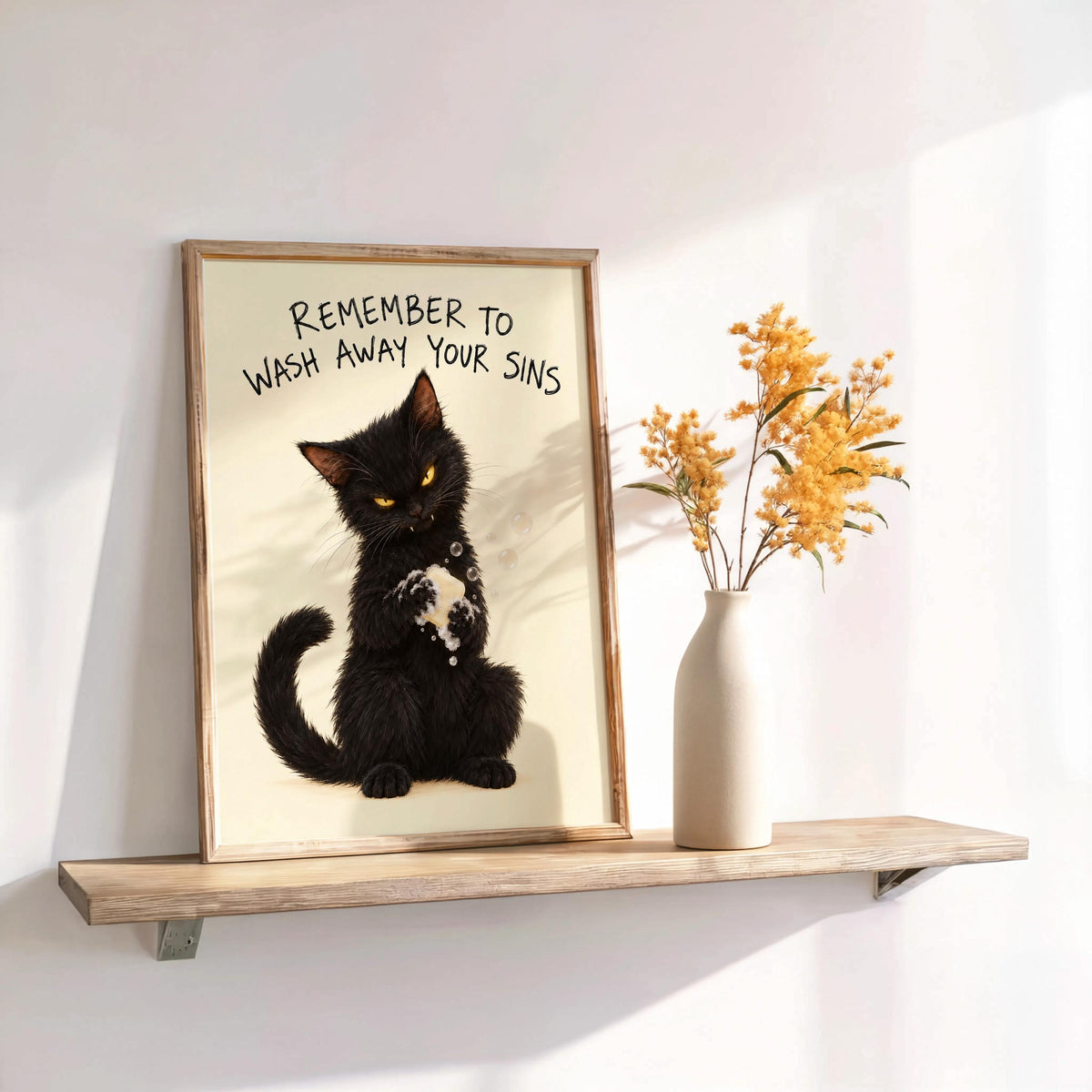 Funny Black Cat Bathroom Print, Remember to Wash Away Your Sins Wall Art, Quirky Restroom Quote Poster, Yellow Animal Loo Sign Decor