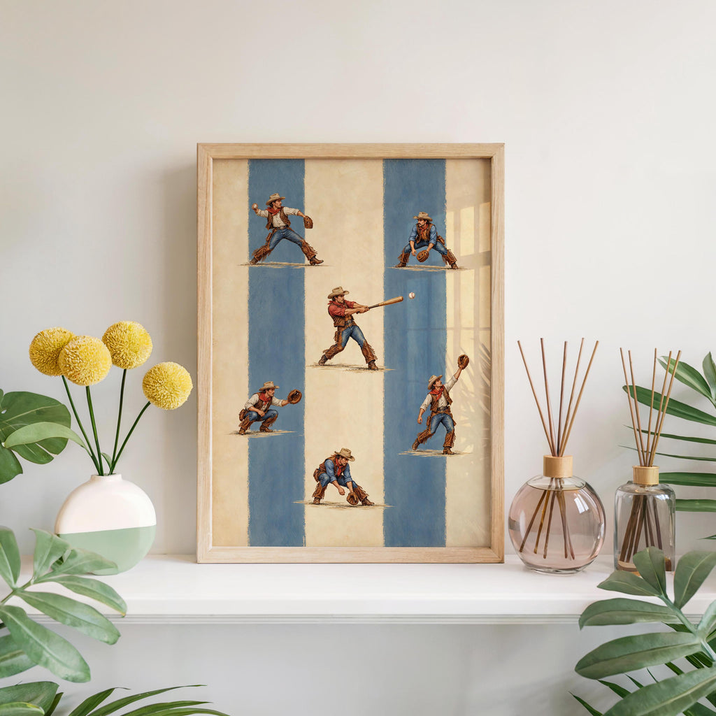 Cowboy Baseball Wall Art, Retro Striped Vintage Print, Western Americana Poster, Funny Southwestern Sports Decor