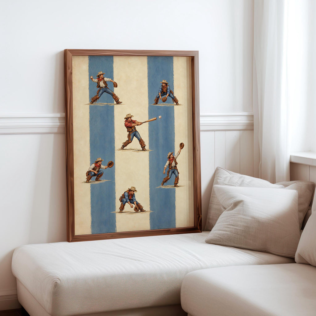 Cowboy Baseball Wall Art, Retro Striped Vintage Print, Western Americana Poster, Funny Southwestern Sports Decor
