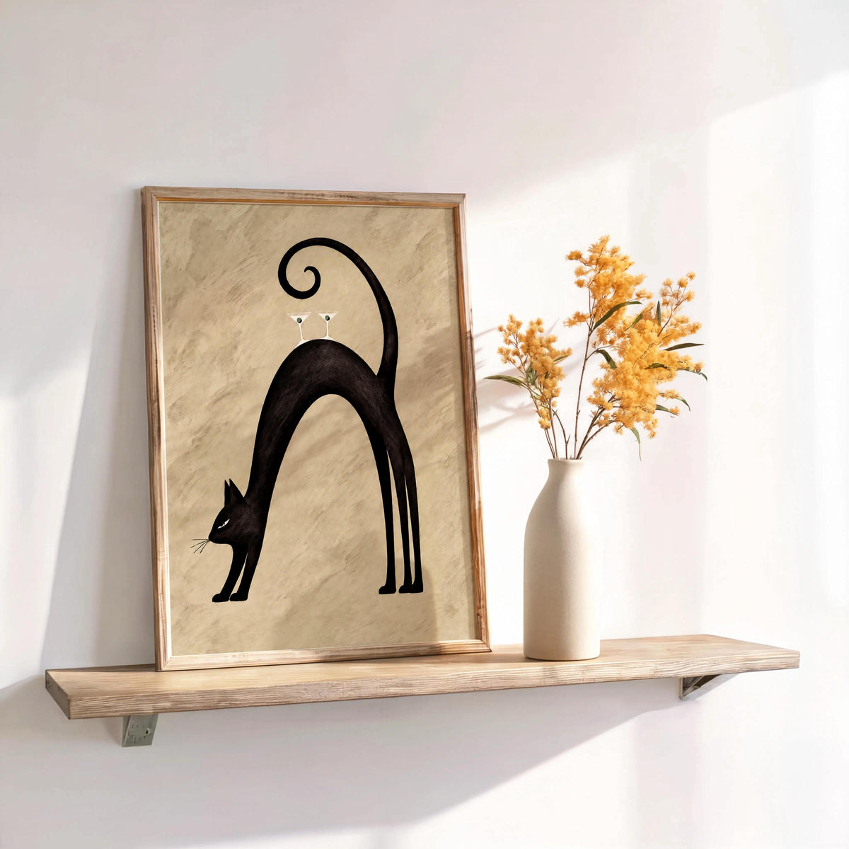 Black Cat Martini Wall Art, Abstract Pet Balancing Cocktails Print, Funny Bar Cart Poster, Retro Animal Lover Decor Gift