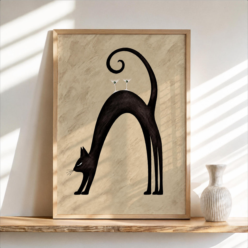 Black Cat Martini Wall Art, Abstract Pet Balancing Cocktails Print, Funny Bar Cart Poster, Retro Animal Lover Decor Gift