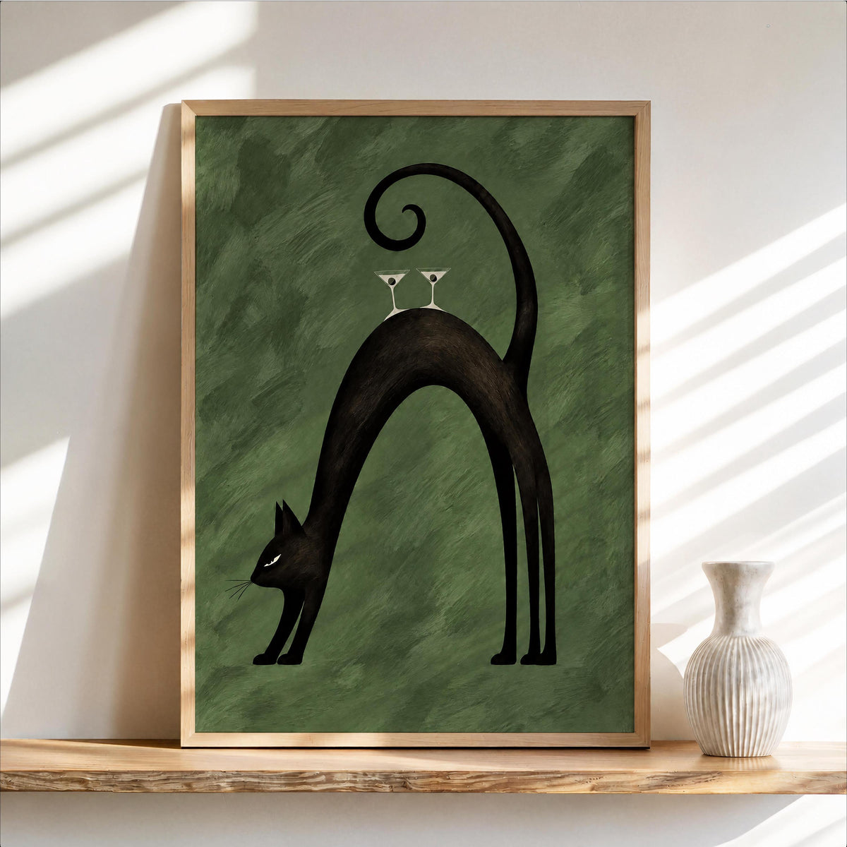 Black Cat Martini Wall Art, Abstract Pet Balancing Cocktails Print, Funny Bar Cart Poster, Retro Animal Lover Decor Gift