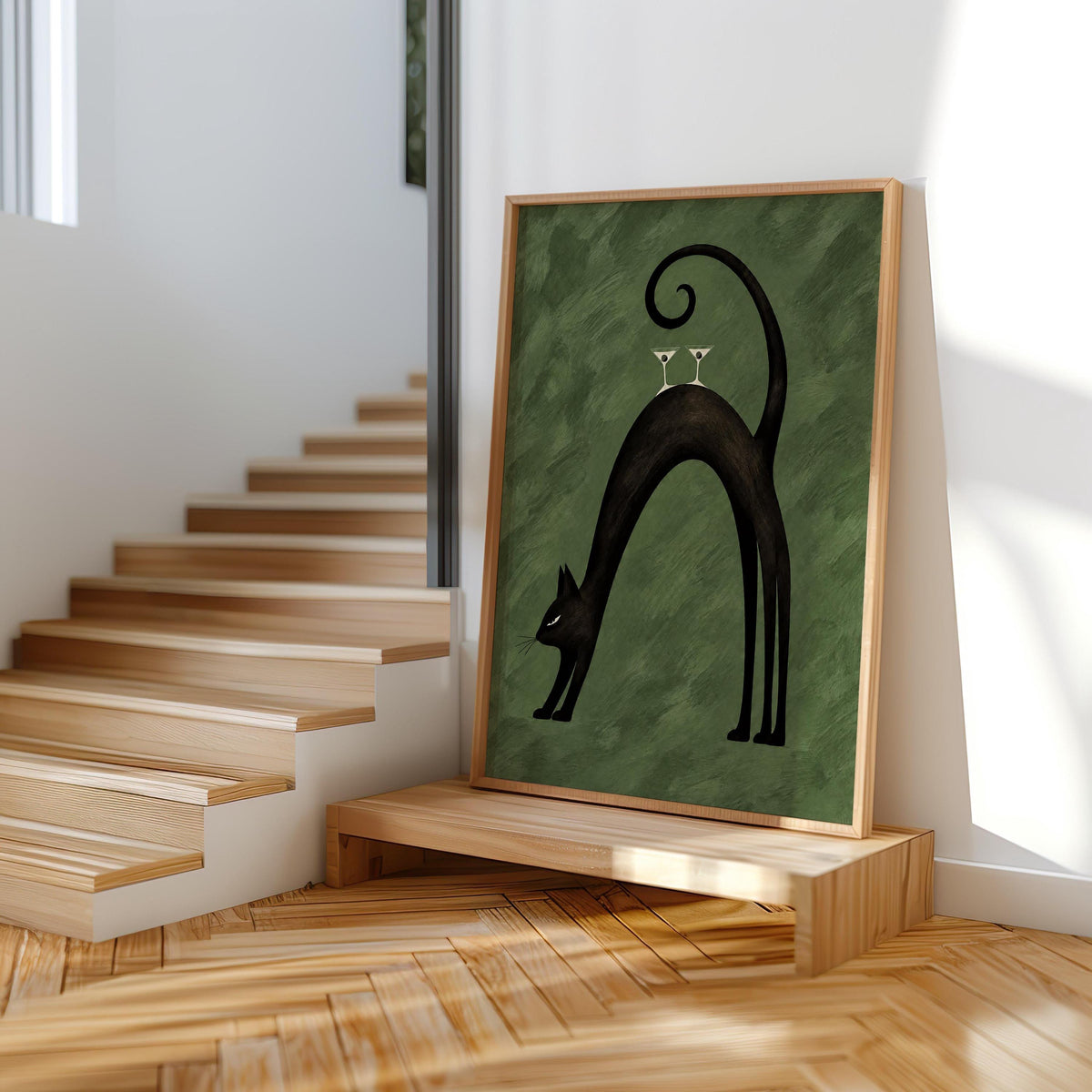 Black Cat Martini Wall Art, Abstract Pet Balancing Cocktails Print, Funny Bar Cart Poster, Retro Animal Lover Decor Gift
