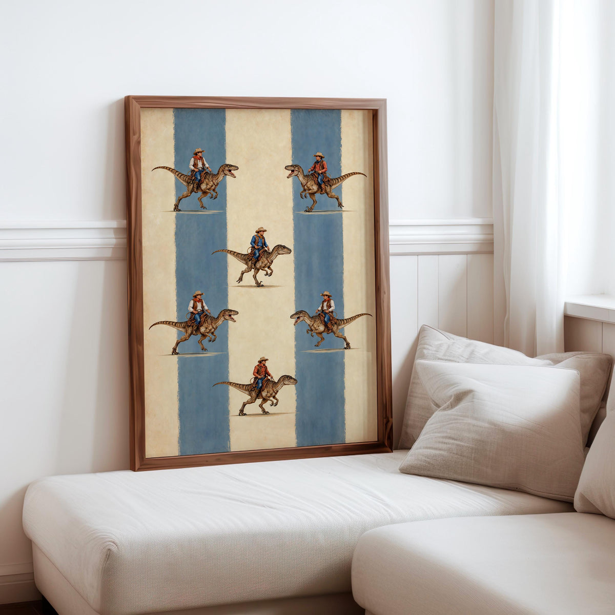 Cowboys Riding Dinosaurs Wall Art, Striped Vintage Print, Funny Western Dino Poster, Raptor Cowboy Decor, Americana Boys Room Nursery
