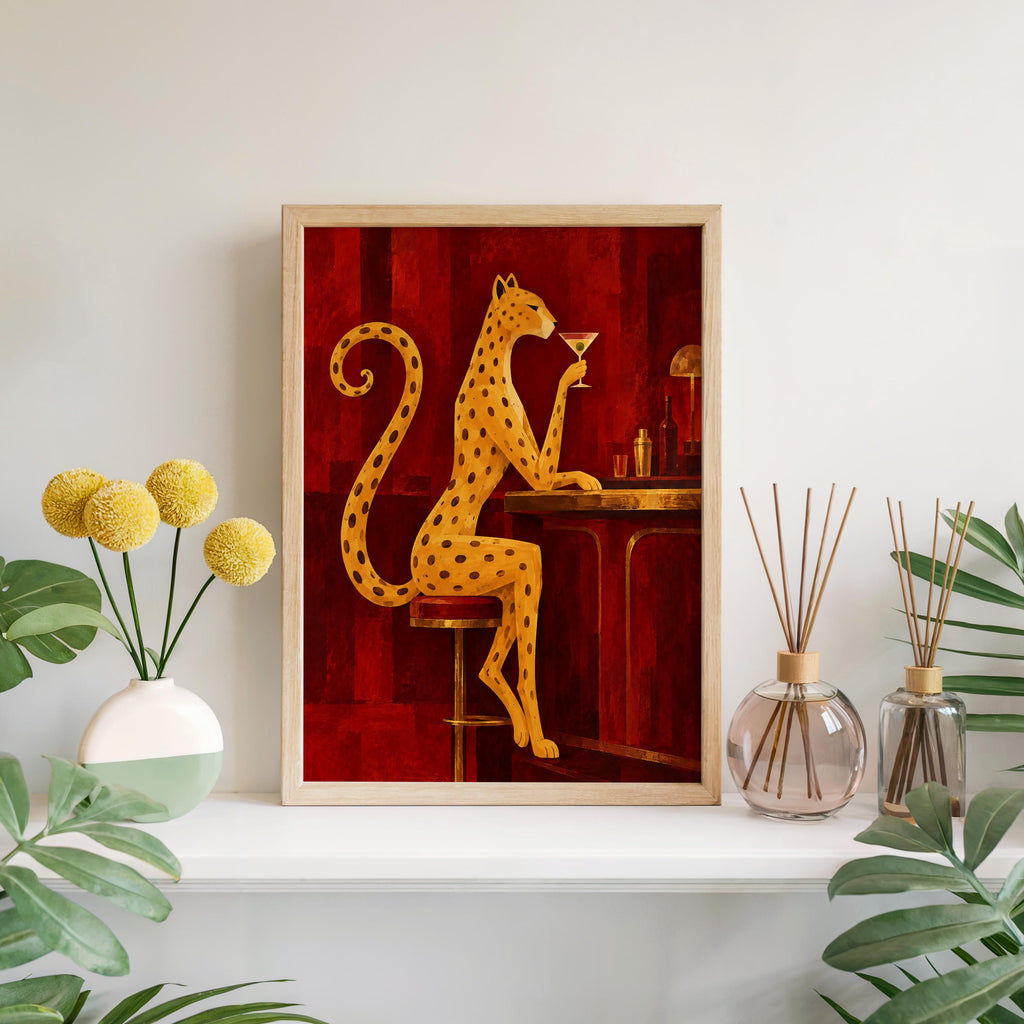 Leopard Drinking Cocktail Print, Red Martini Bar Wall Art, Abstract Big Cat Poster, Vintage Lounge Decor, Funny Feminine Canvas