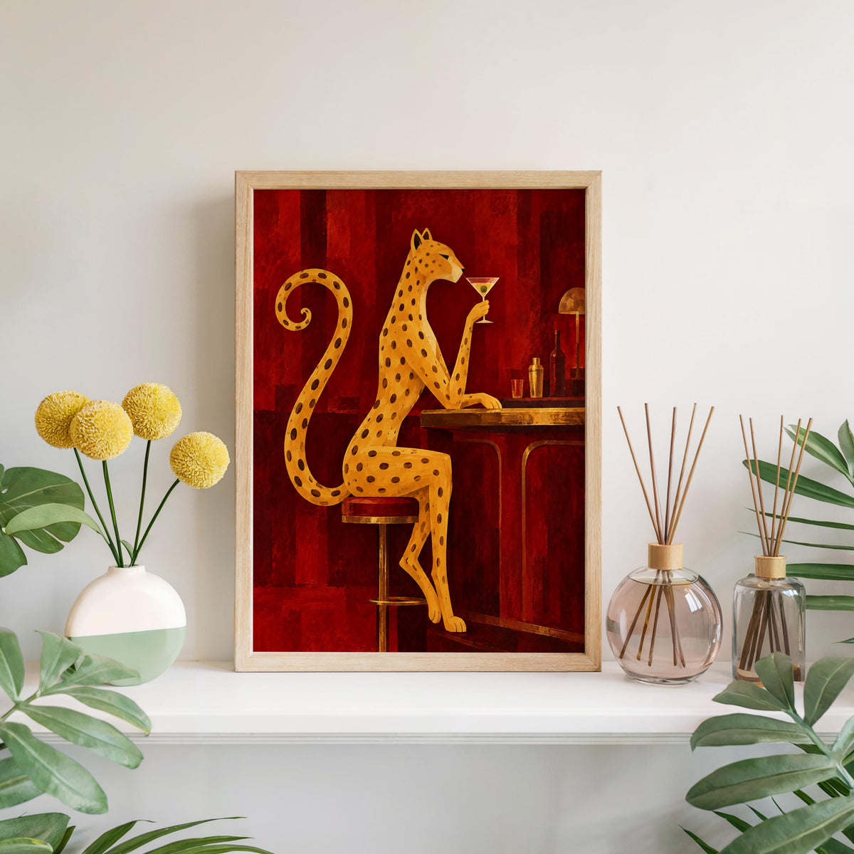 Leopard Drinking Cocktail Print, Red Martini Bar Wall Art, Abstract Big Cat Poster, Vintage Lounge Decor, Funny Feminine Canvas