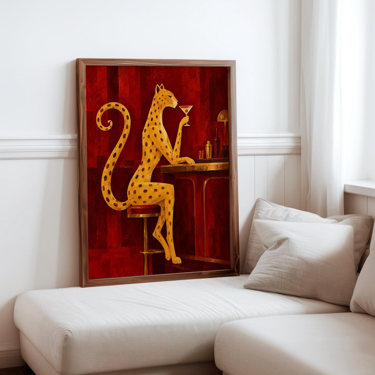 Leopard Drinking Cocktail Print, Red Martini Bar Wall Art, Abstract Big Cat Poster, Vintage Lounge Decor, Funny Feminine Canvas
