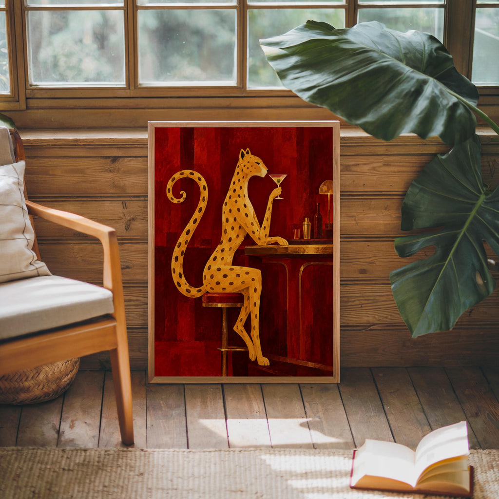Leopard Drinking Cocktail Print, Red Martini Bar Wall Art, Abstract Big Cat Poster, Vintage Lounge Decor, Funny Feminine Canvas