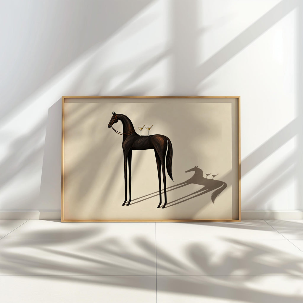 Equestrian Martini Poster, Elegant Black Horse Wall Art, Surreal Cocktail Print, Abstract Animal Lover Decor