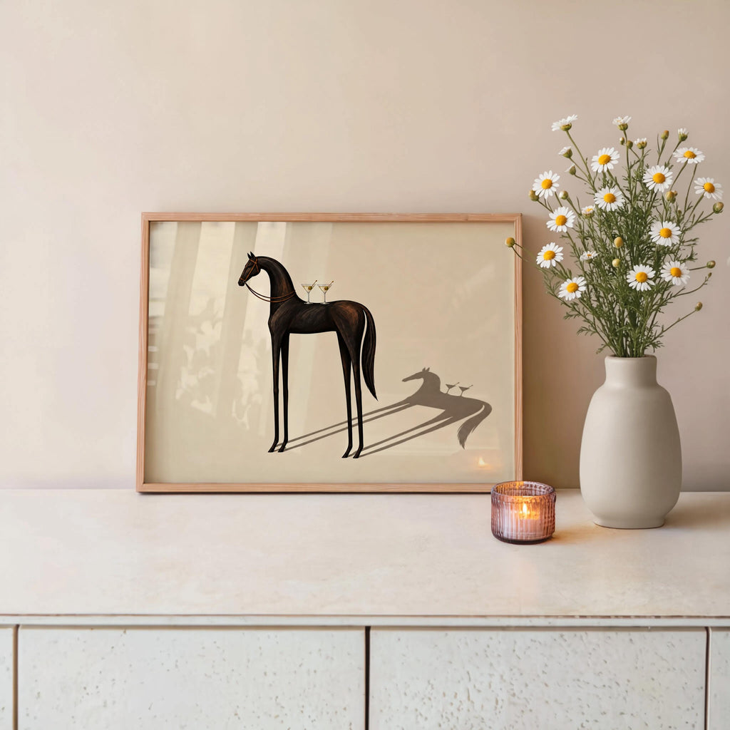 Equestrian Martini Poster, Elegant Black Horse Wall Art, Surreal Cocktail Print, Abstract Animal Lover Decor