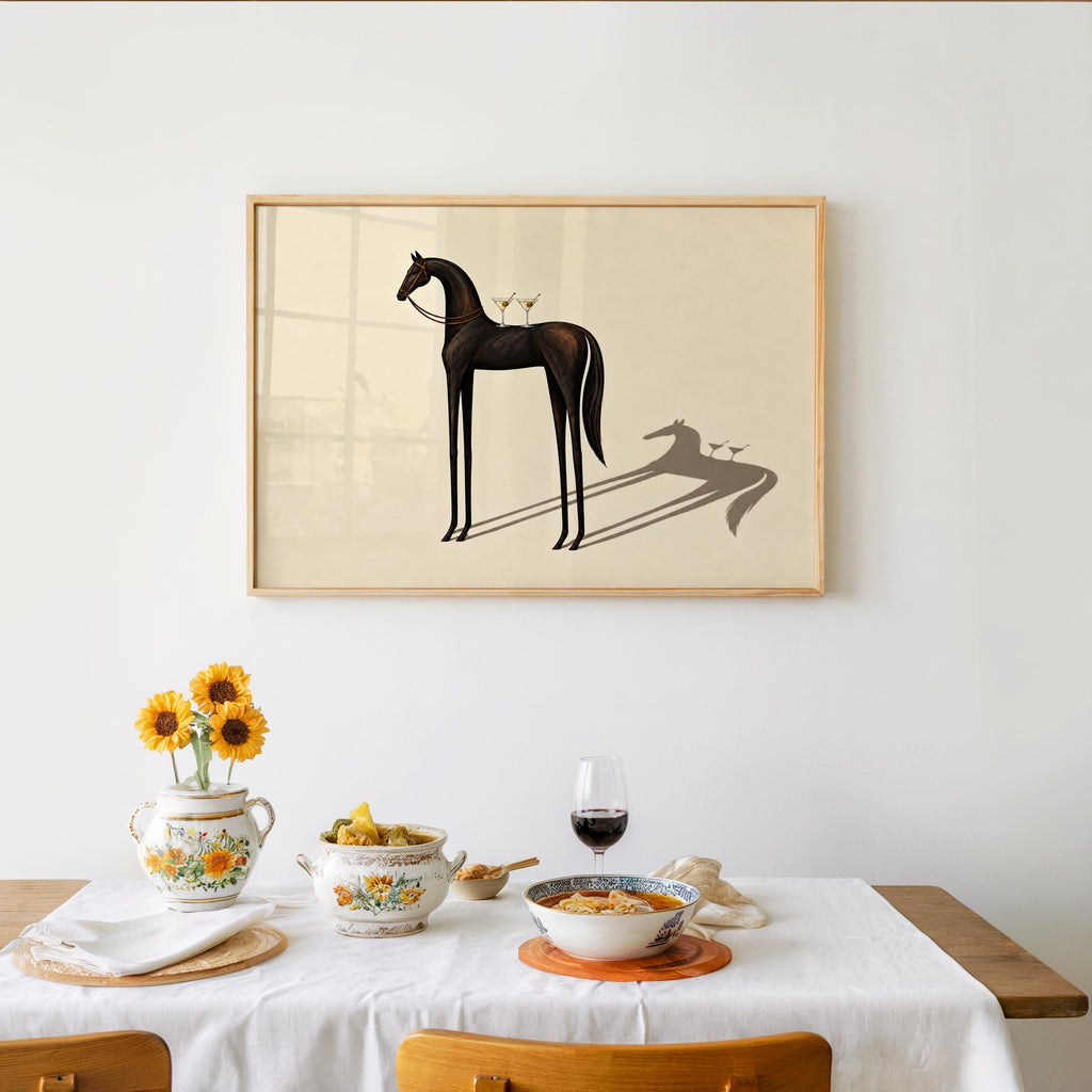 Equestrian Martini Poster, Elegant Black Horse Wall Art, Surreal Cocktail Print, Abstract Animal Lover Decor