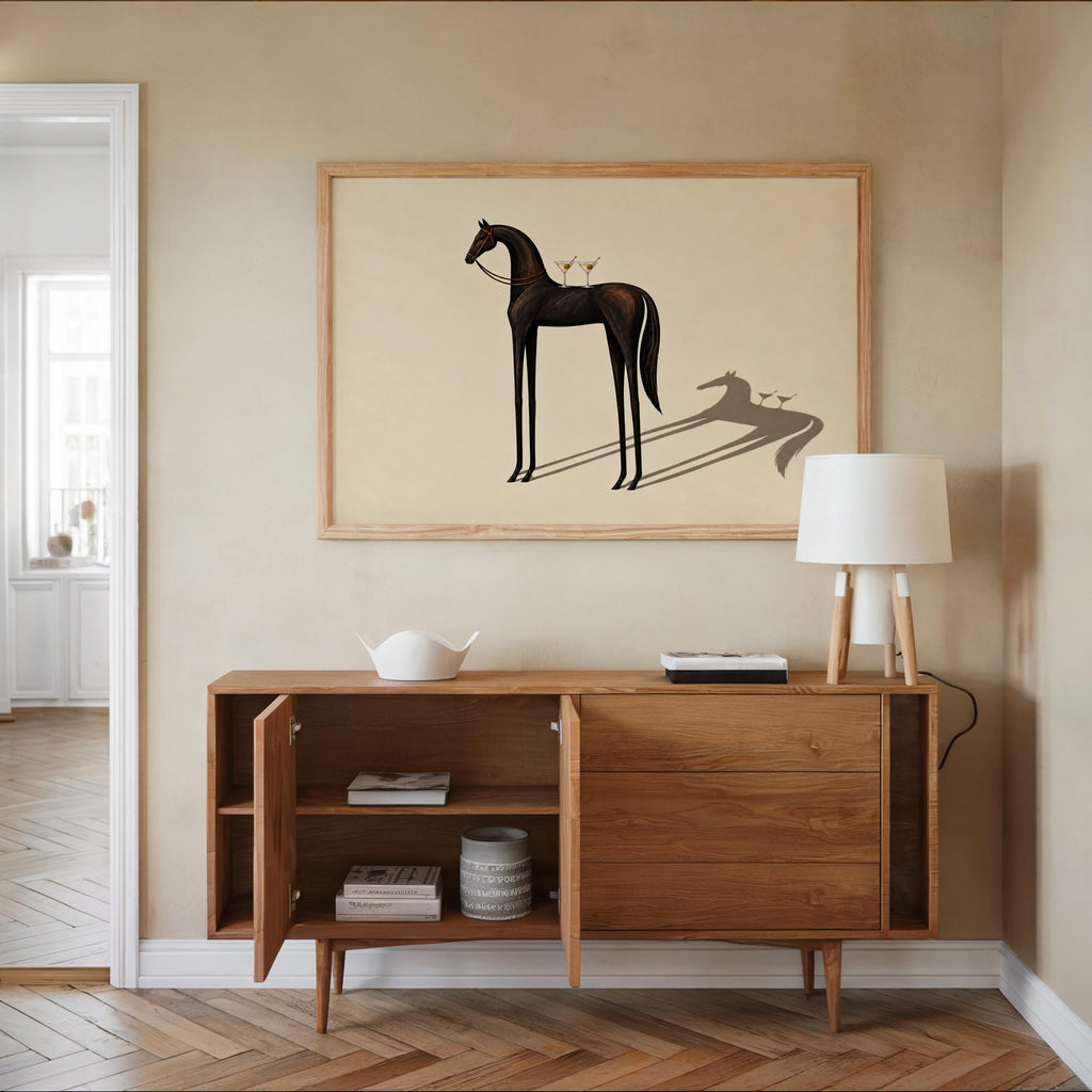 Equestrian Martini Poster, Elegant Black Horse Wall Art, Surreal Cocktail Print, Abstract Animal Lover Decor