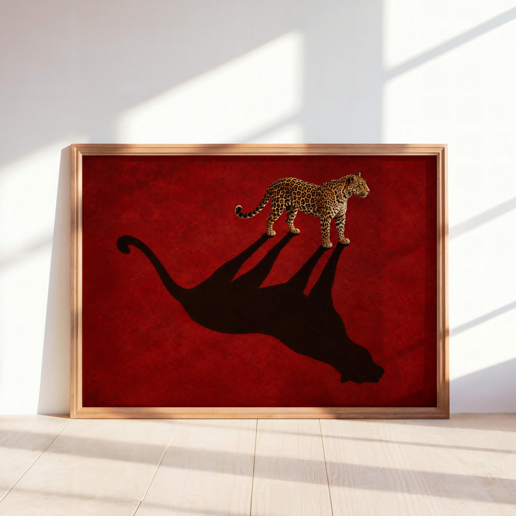 Leopard Shadow Wall Art, Red Statement Poster, Moody Big Cat Print, Minimalist Fashion Animal Decor, Feminine Cheetah Wildlife Canvas