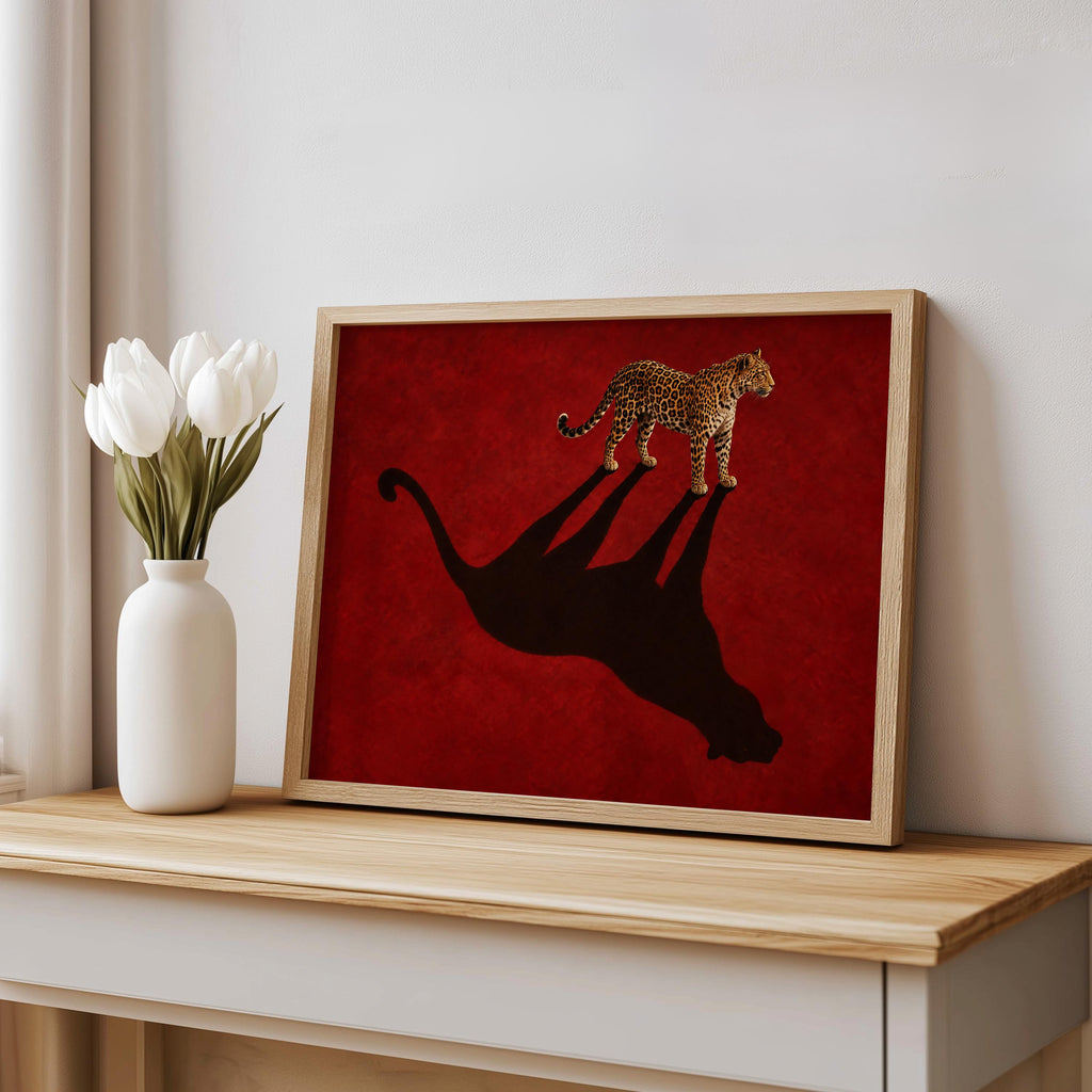 Leopard Shadow Wall Art, Red Statement Poster, Moody Big Cat Print, Minimalist Fashion Animal Decor, Feminine Cheetah Wildlife Canvas