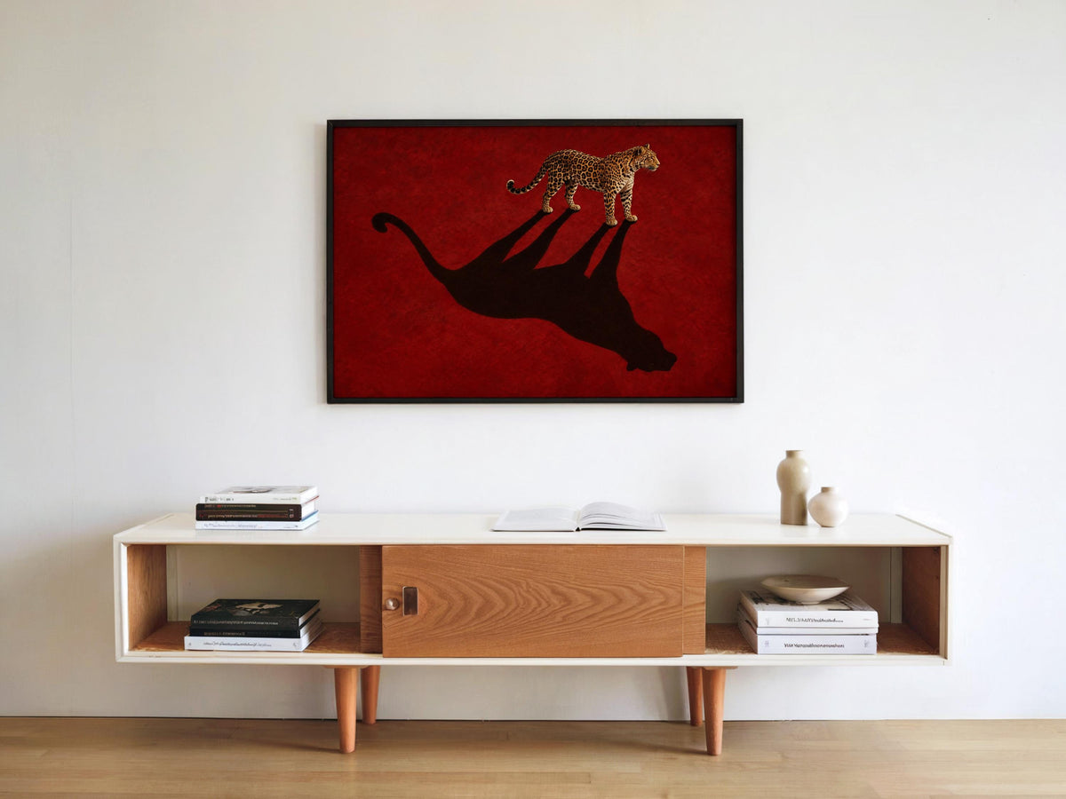 Leopard Shadow Wall Art, Red Statement Poster, Moody Big Cat Print, Minimalist Fashion Animal Decor, Feminine Cheetah Wildlife Canvas