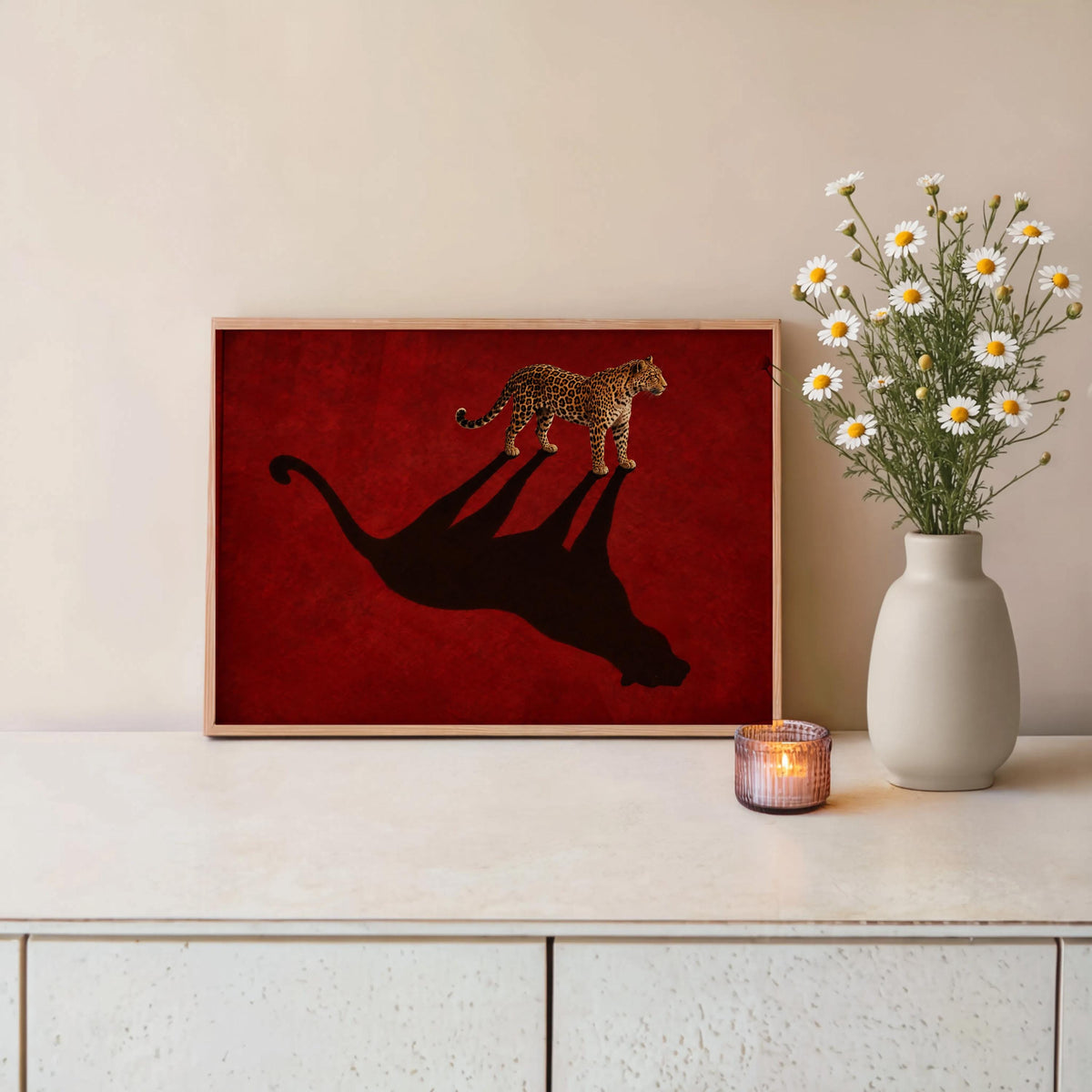 Leopard Shadow Wall Art, Red Statement Poster, Moody Big Cat Print, Minimalist Fashion Animal Decor, Feminine Cheetah Wildlife Canvas