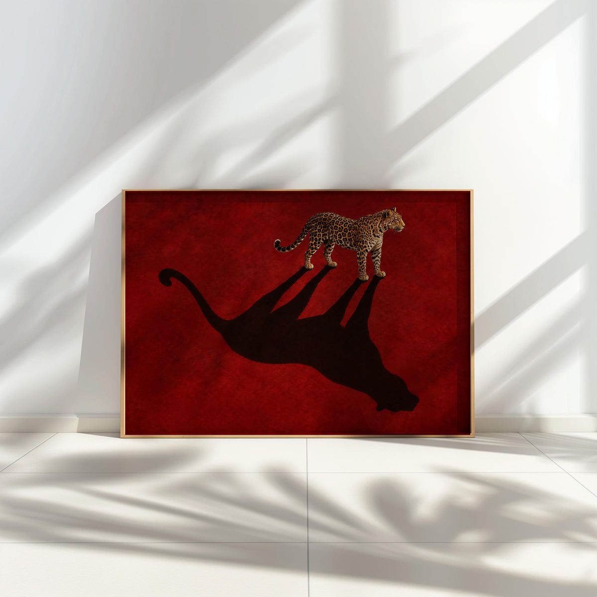 Leopard Shadow Wall Art, Red Statement Poster, Moody Big Cat Print, Minimalist Fashion Animal Decor, Feminine Cheetah Wildlife Canvas