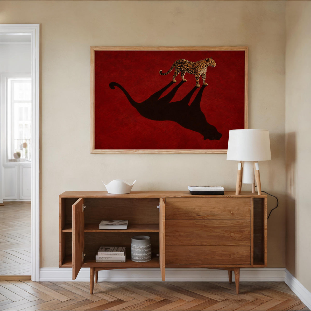 Leopard Shadow Wall Art, Red Statement Poster, Moody Big Cat Print, Minimalist Fashion Animal Decor, Feminine Cheetah Wildlife Canvas