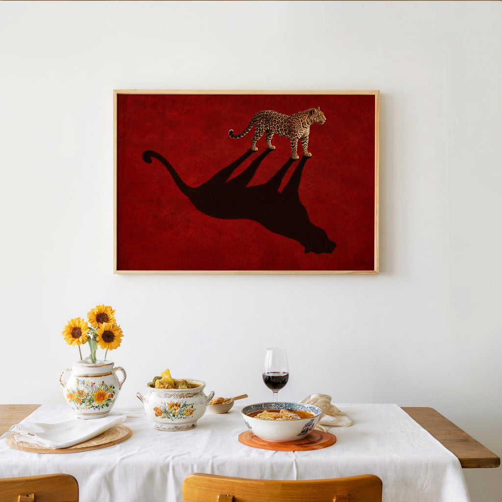 Leopard Shadow Wall Art, Red Statement Poster, Moody Big Cat Print, Minimalist Fashion Animal Decor, Feminine Cheetah Wildlife Canvas