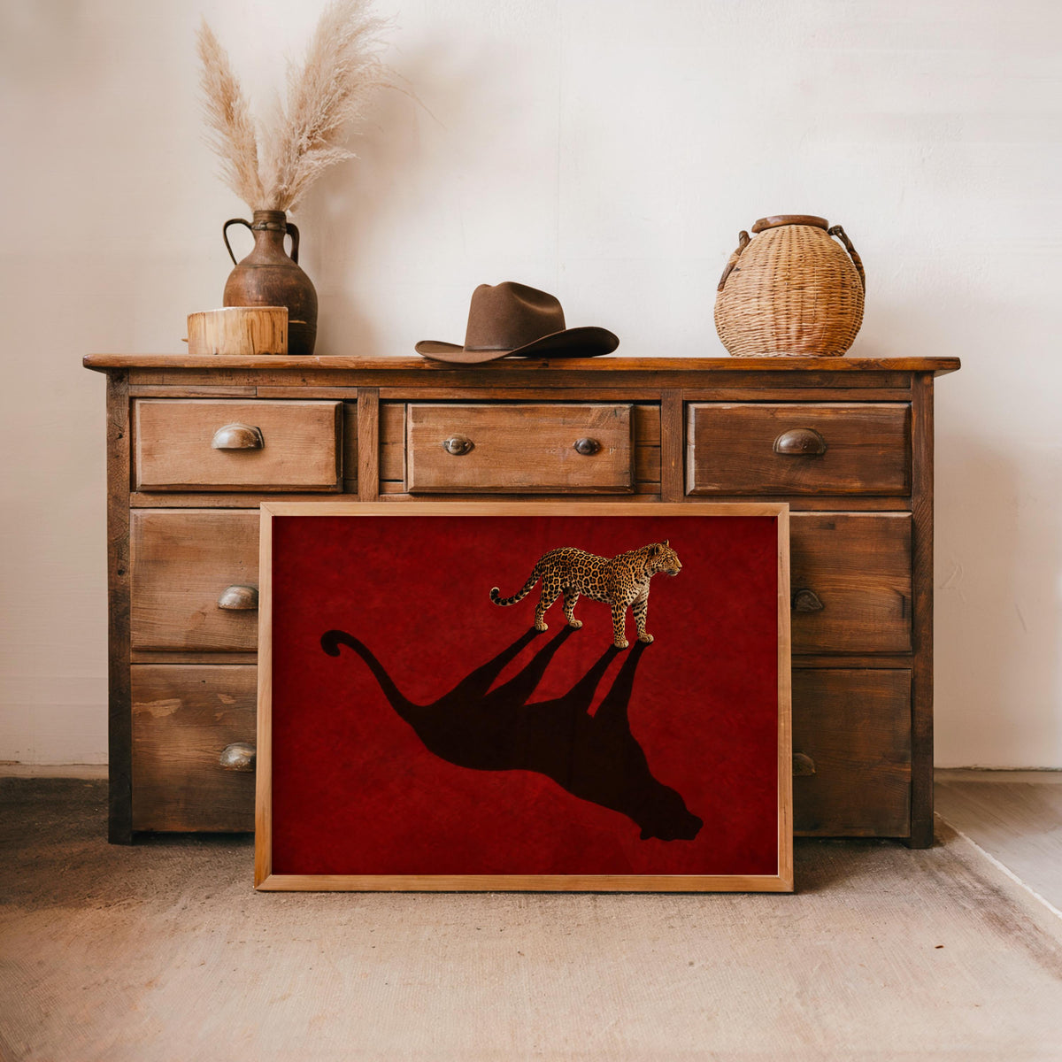 Leopard Shadow Wall Art, Red Statement Poster, Moody Big Cat Print, Minimalist Fashion Animal Decor, Feminine Cheetah Wildlife Canvas