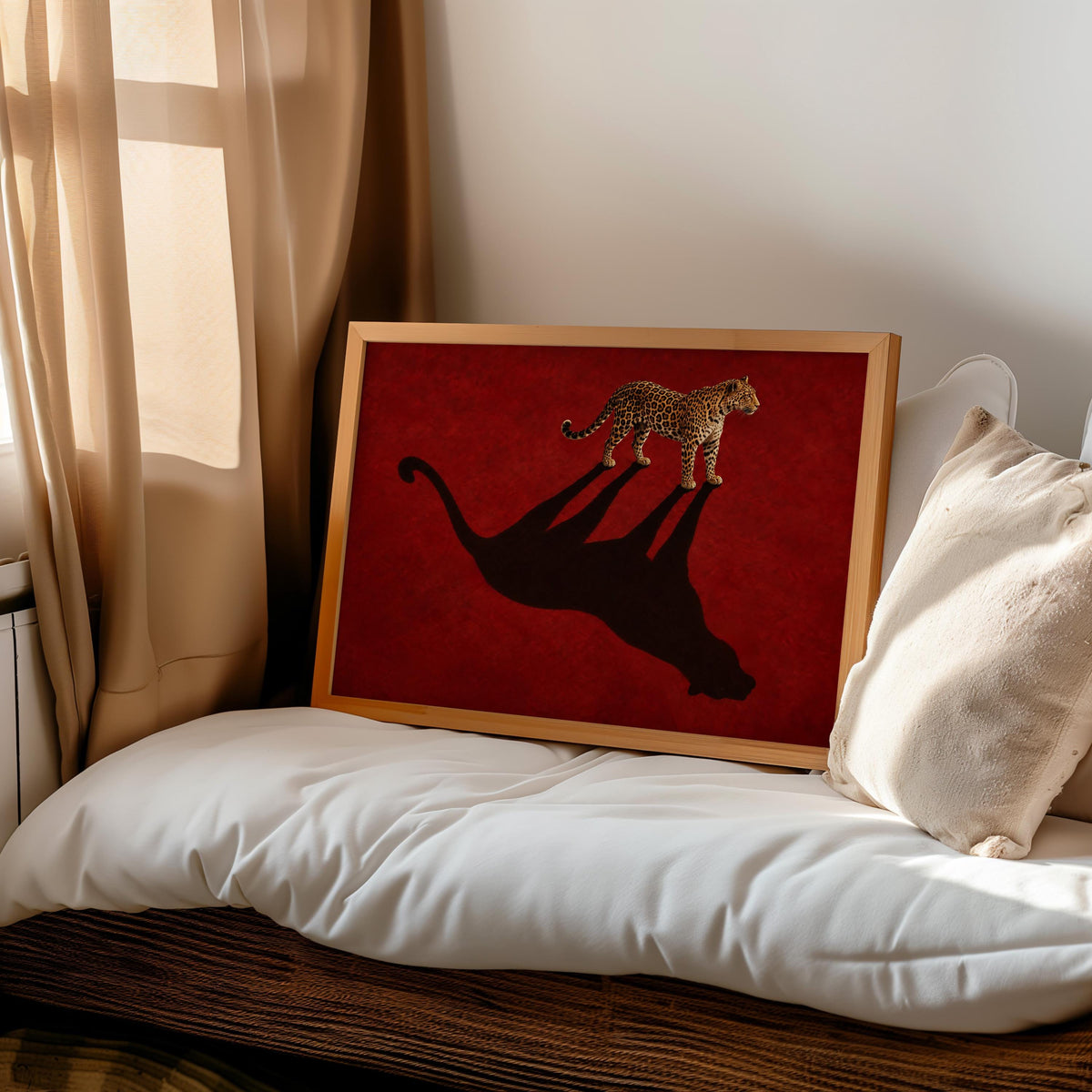 Leopard Shadow Wall Art, Red Statement Poster, Moody Big Cat Print, Minimalist Fashion Animal Decor, Feminine Cheetah Wildlife Canvas