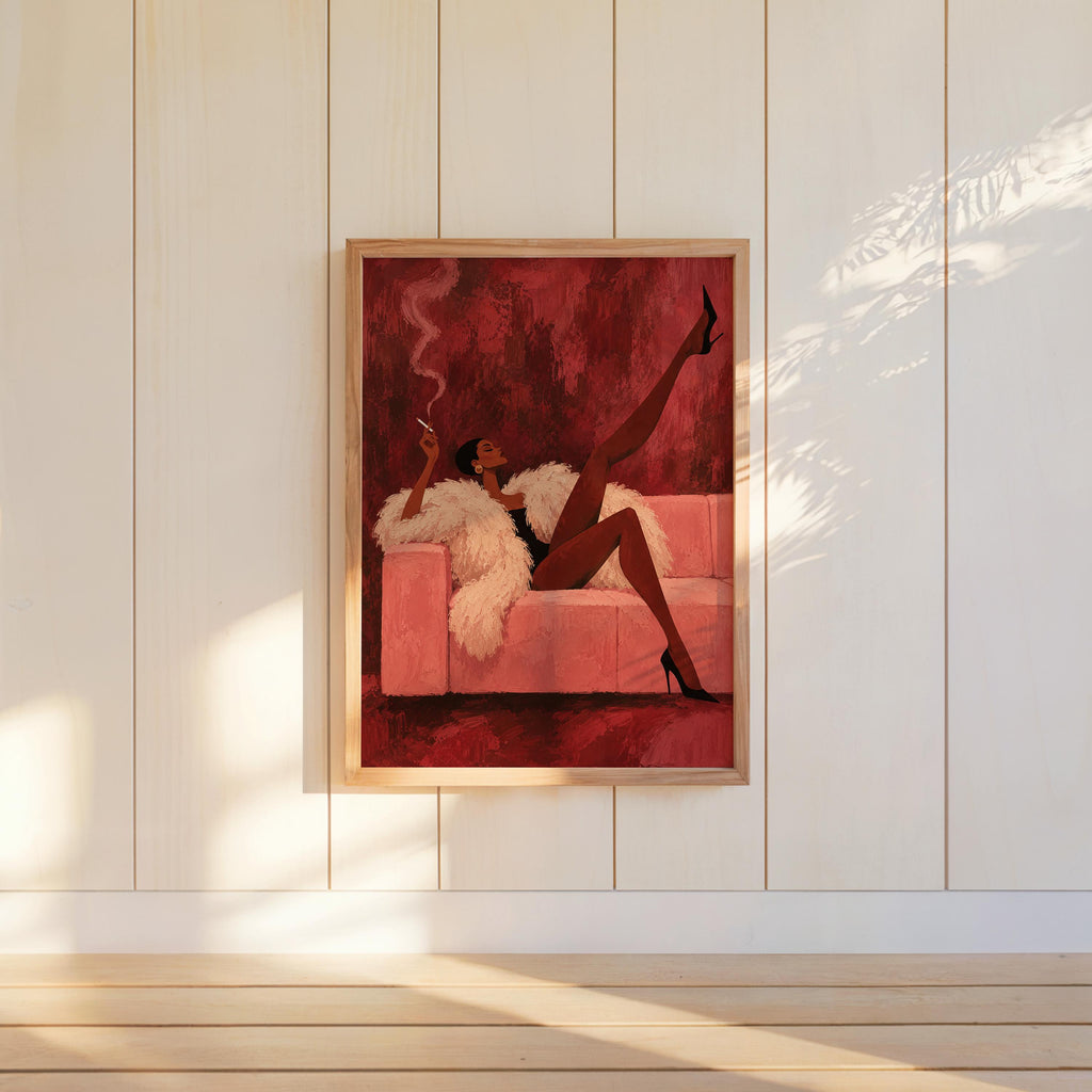 Vintage Glamour Smoking Woman Wall Art, Abstract Afrocentric Print, Red Pink Mid Century Poster, Feminine African American Statement Decor
