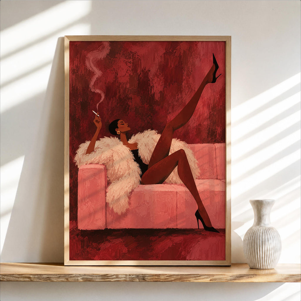 Vintage Glamour Smoking Woman Wall Art, Abstract Afrocentric Print, Red Pink Mid Century Poster, Feminine African American Statement Decor