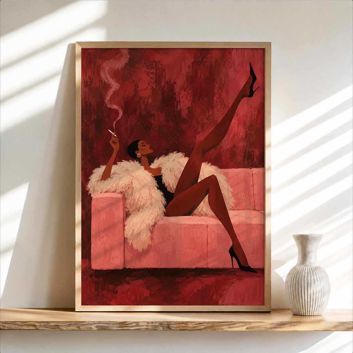 Vintage Glamour Smoking Woman Wall Art, Abstract Afrocentric Print, Red Pink Mid Century Poster, Feminine African American Statement Decor