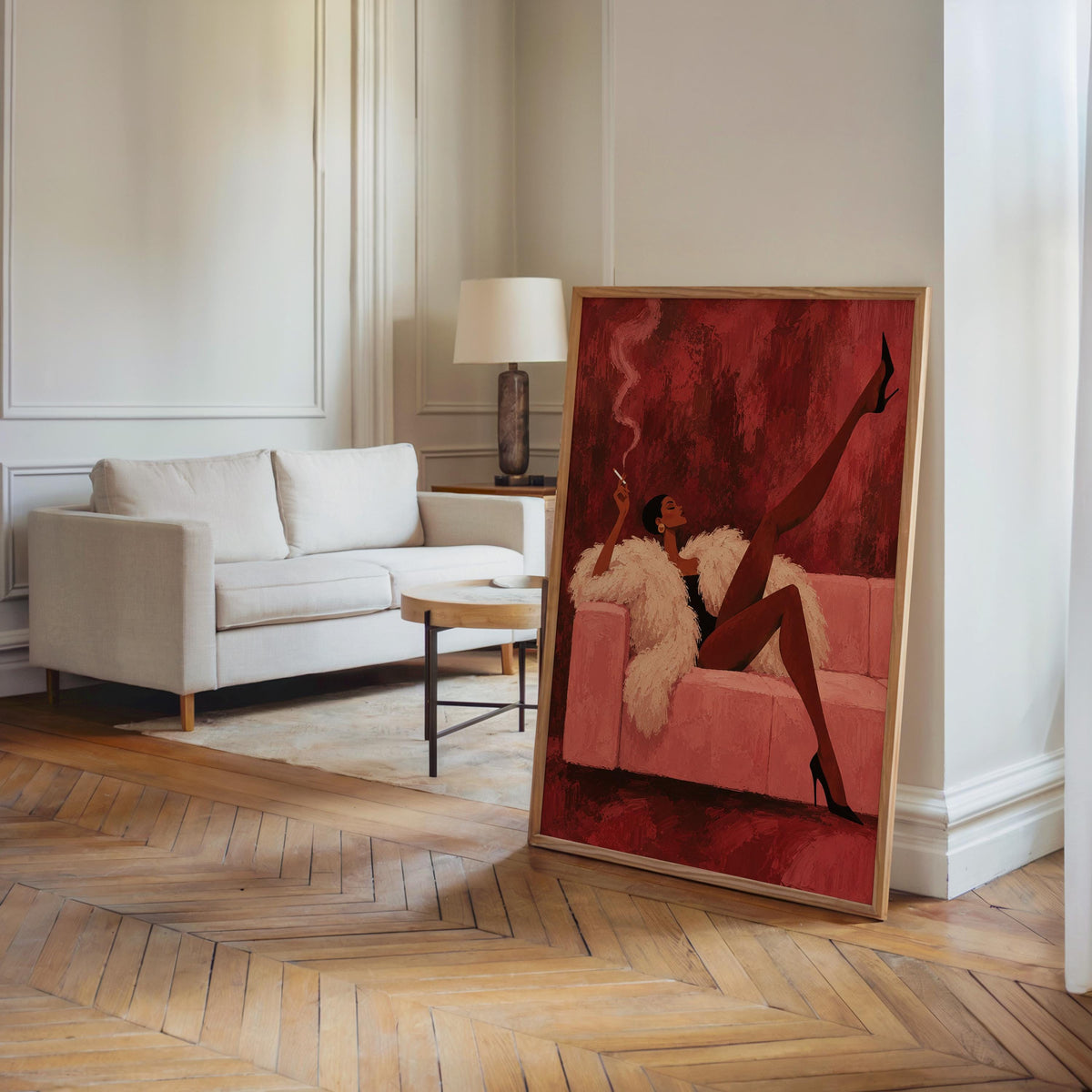 Vintage Glamour Smoking Woman Wall Art, Abstract Afrocentric Print, Red Pink Mid Century Poster, Feminine African American Statement Decor