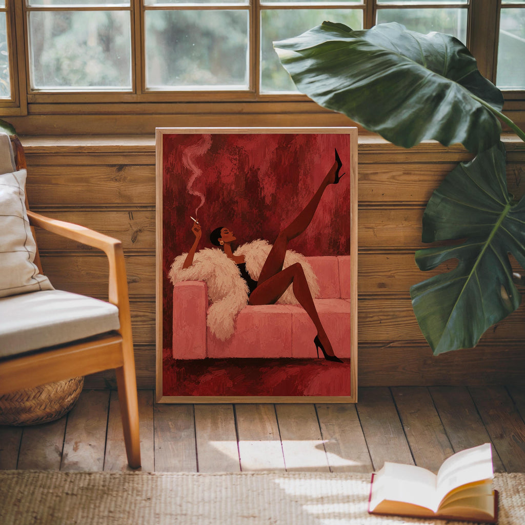 Vintage Glamour Smoking Woman Wall Art, Abstract Afrocentric Print, Red Pink Mid Century Poster, Feminine African American Statement Decor