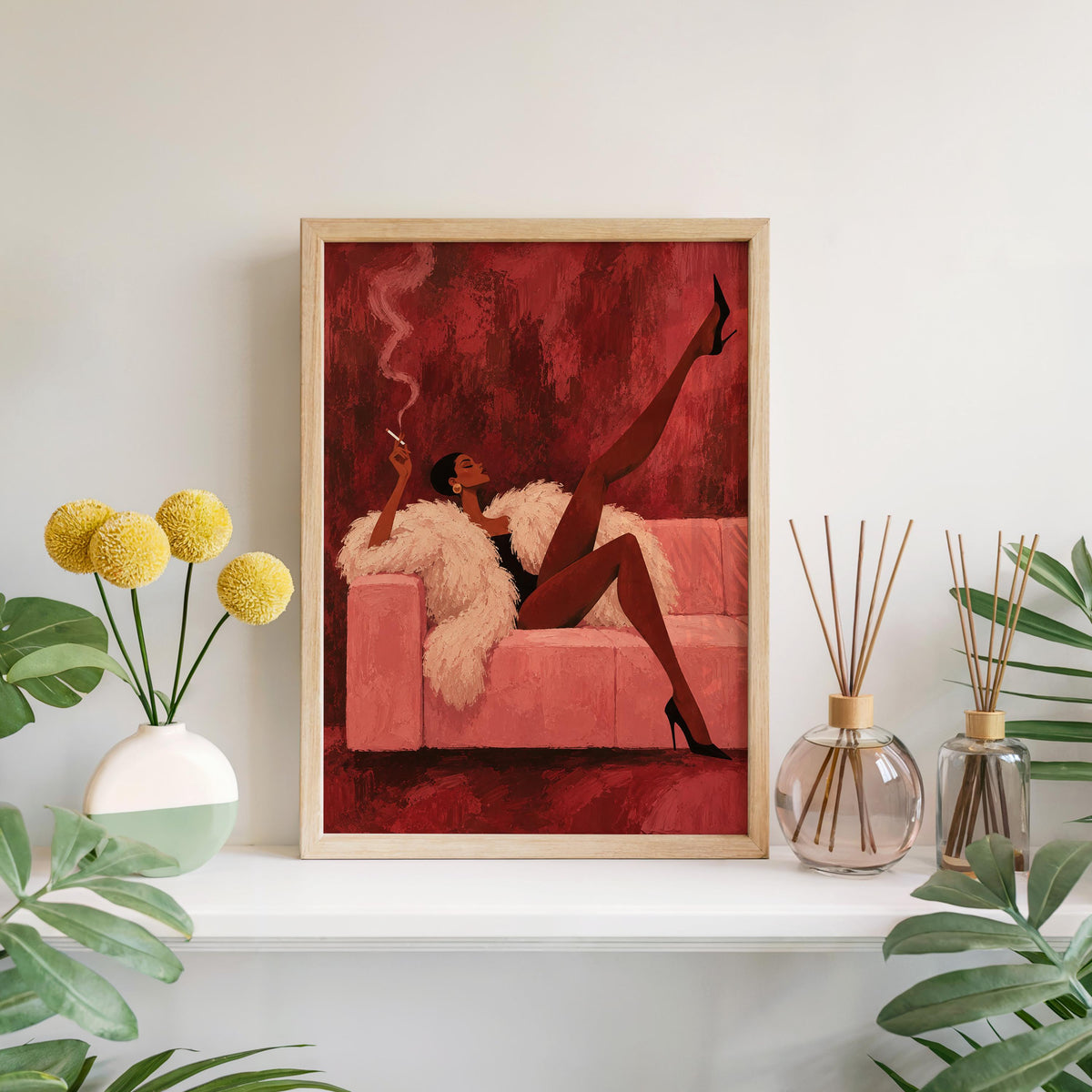 Vintage Glamour Smoking Woman Wall Art, Abstract Afrocentric Print, Red Pink Mid Century Poster, Feminine African American Statement Decor