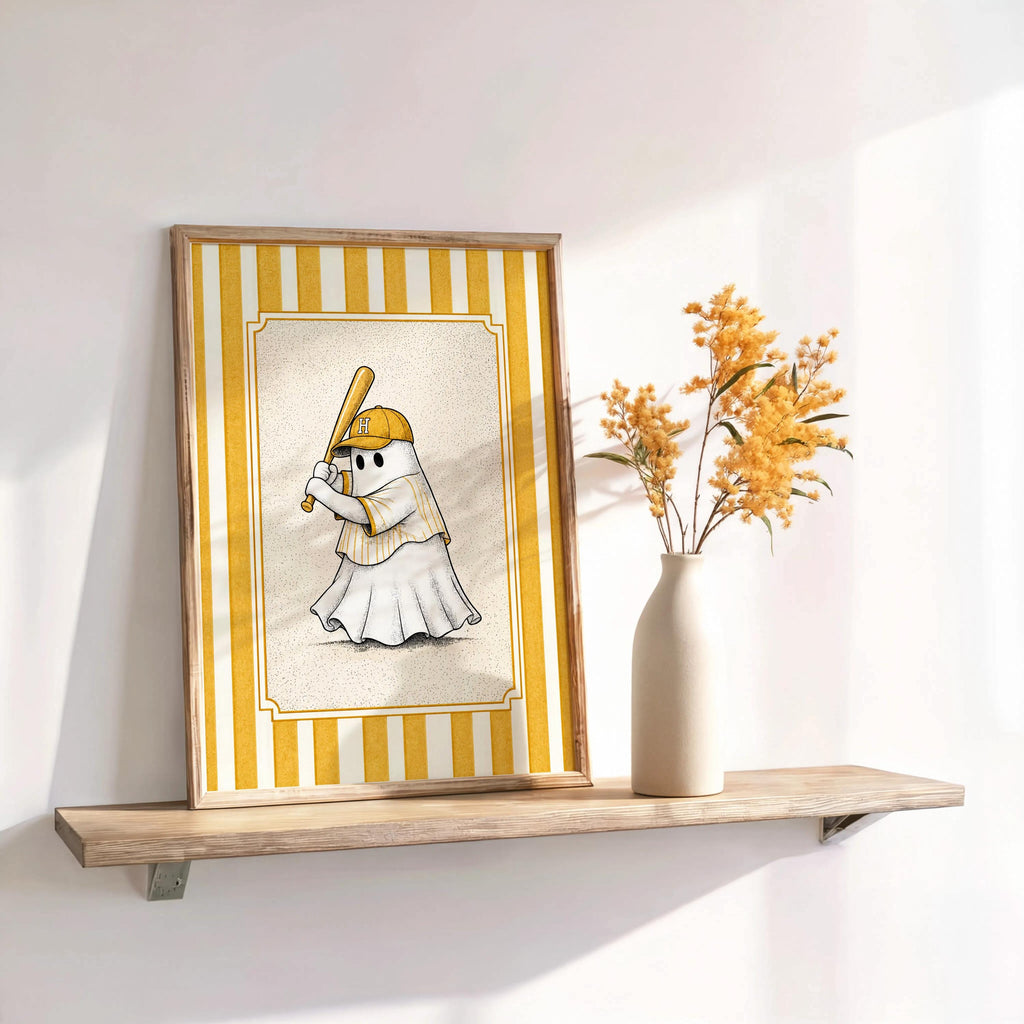 Ghost Baseball Player Poster, Vintage Halloween Wall Art, Spooky Baseball Illustration, Funny Gothic Sports Decor, Cute Ballgame Print