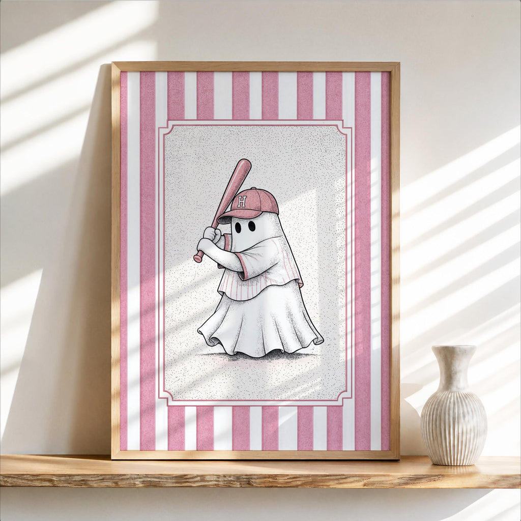 Ghost Baseball Player Poster, Vintage Halloween Wall Art, Spooky Baseball Illustration, Funny Gothic Sports Decor, Cute Ballgame Print