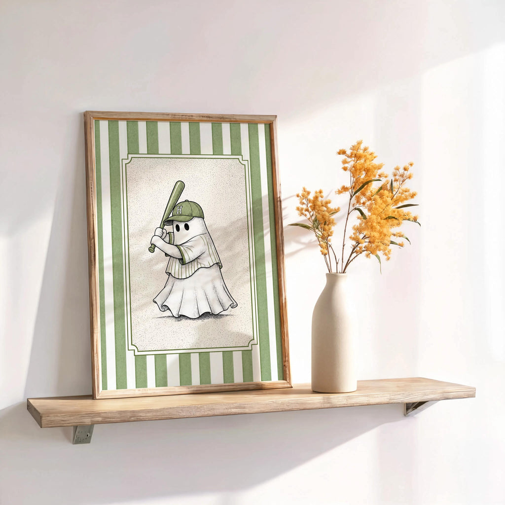Ghost Baseball Player Poster, Vintage Halloween Wall Art, Spooky Baseball Illustration, Funny Gothic Sports Decor, Cute Ballgame Print