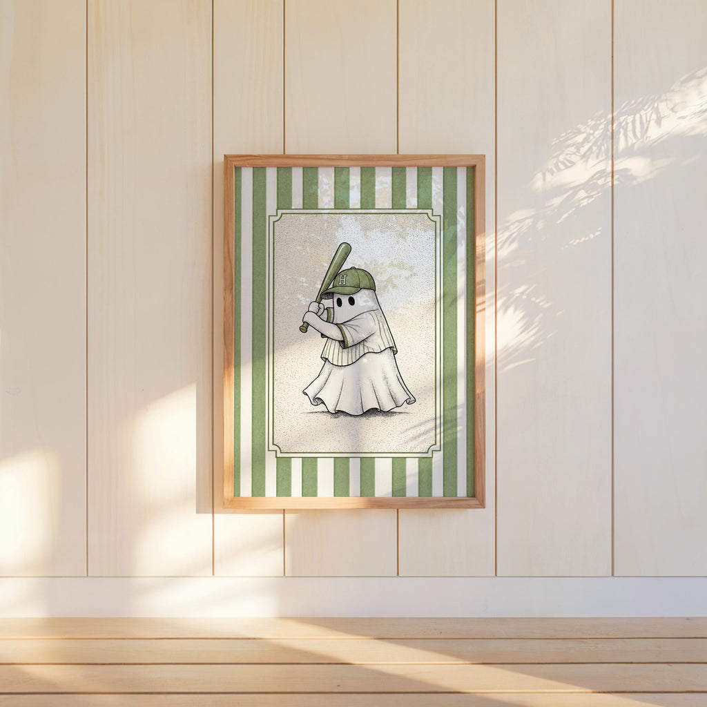 Ghost Baseball Player Poster, Vintage Halloween Wall Art, Spooky Baseball Illustration, Funny Gothic Sports Decor, Cute Ballgame Print