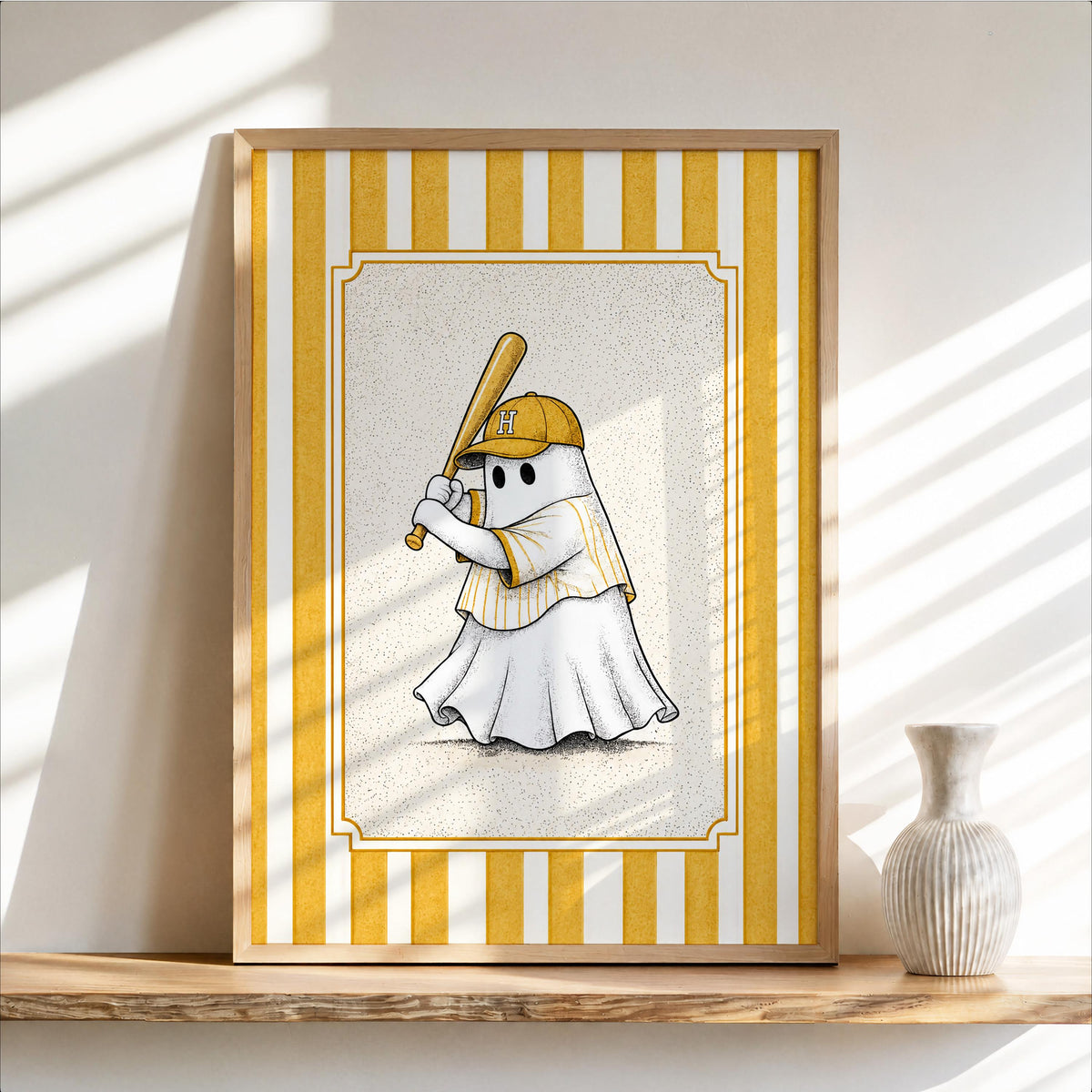 Ghost Baseball Player Poster, Vintage Halloween Wall Art, Spooky Baseball Illustration, Funny Gothic Sports Decor, Cute Ballgame Print