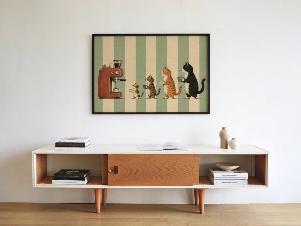 Cats Drinking Coffee Wall Art, Vintage Cute Animal Poster, Retro Espresso Machine Illustration, Kitchen Cafe Nook Decor, Cat Lover Print