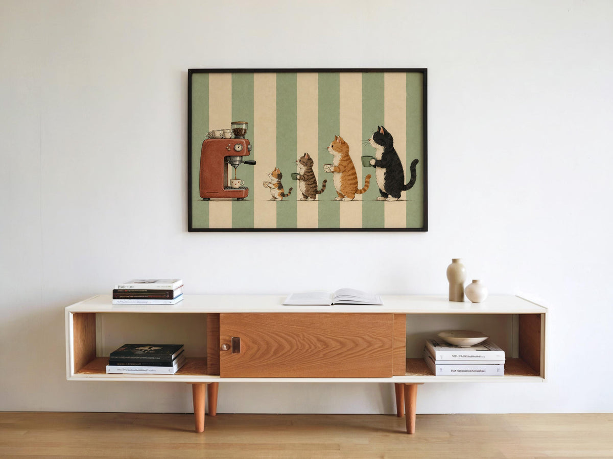 Cats Drinking Coffee Wall Art, Vintage Cute Animal Poster, Retro Espresso Machine Illustration, Kitchen Cafe Nook Decor, Cat Lover Print