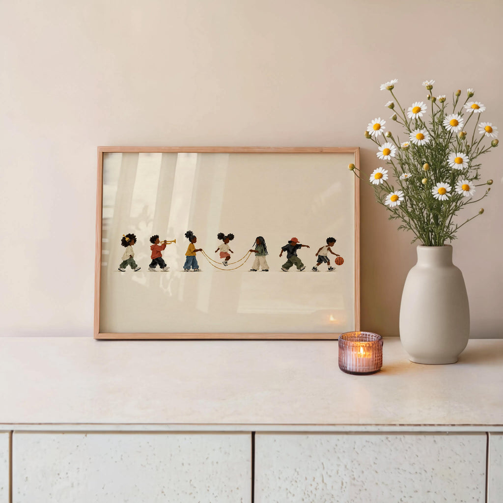 Black Culture Kids Parade Wall Art, Afrocentric African American Print, Jump Rope Basketball Music Decor, Juneteenth Gift