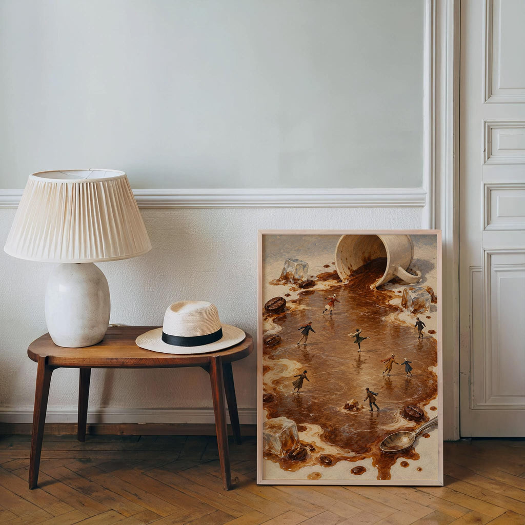 Tiny Ice Skaters Coffee Print, Miniature People Wall Art, Surreal Winter Skating Poster, Coffee Lover Kitchen Cafe Decor