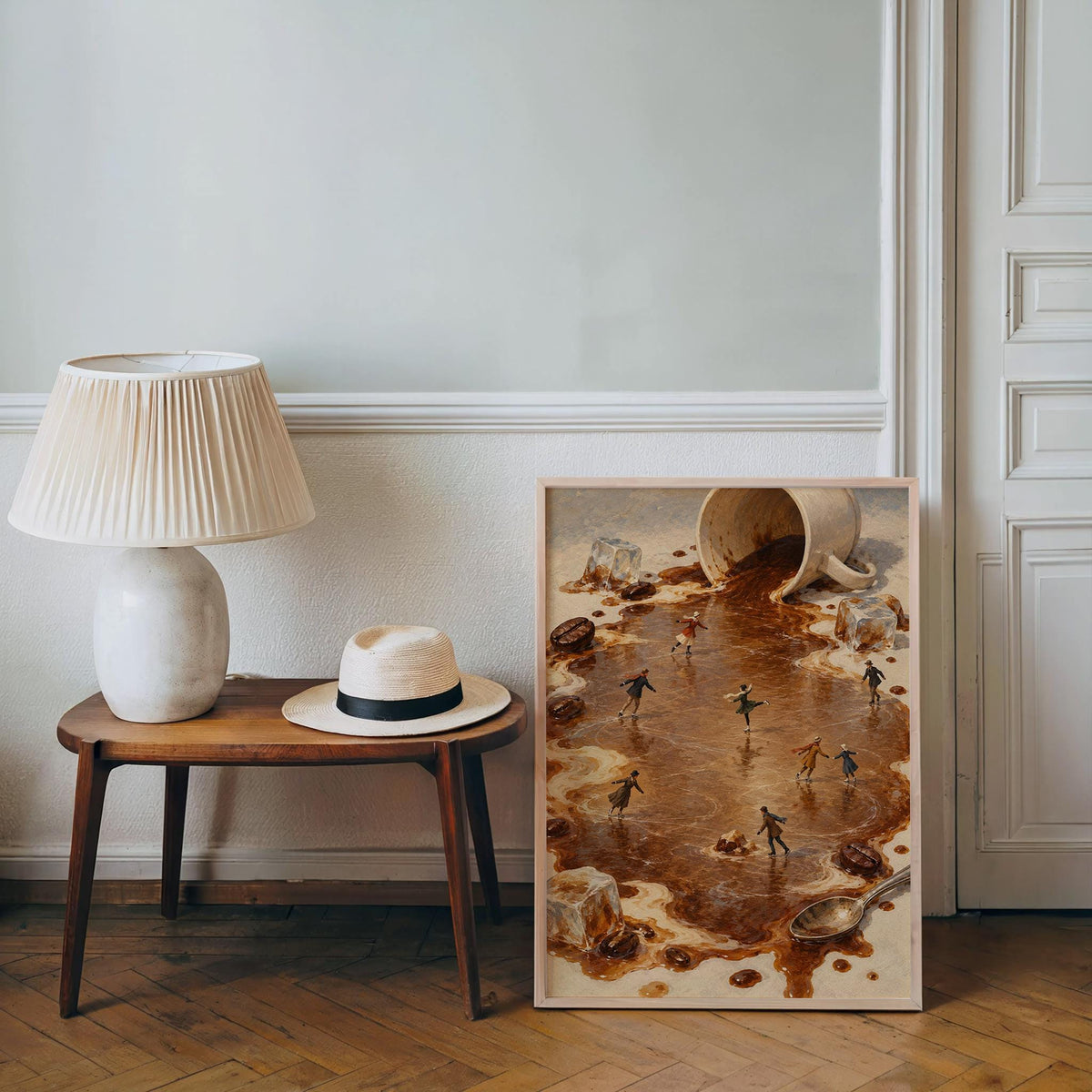 Tiny Ice Skaters Coffee Print, Miniature People Wall Art, Surreal Winter Skating Poster, Coffee Lover Kitchen Cafe Decor